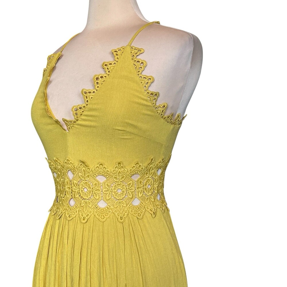 Lulus This is Love Lace Maxi Dress Women's Small Yellow Crochet Trim Deep V Neck - Picture 8 of 12
